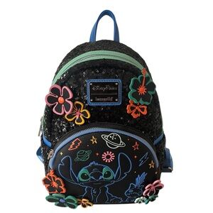 Disney Park Stitch 626 Day Black Sequin with Neon Flower Loungefly Backpack.
